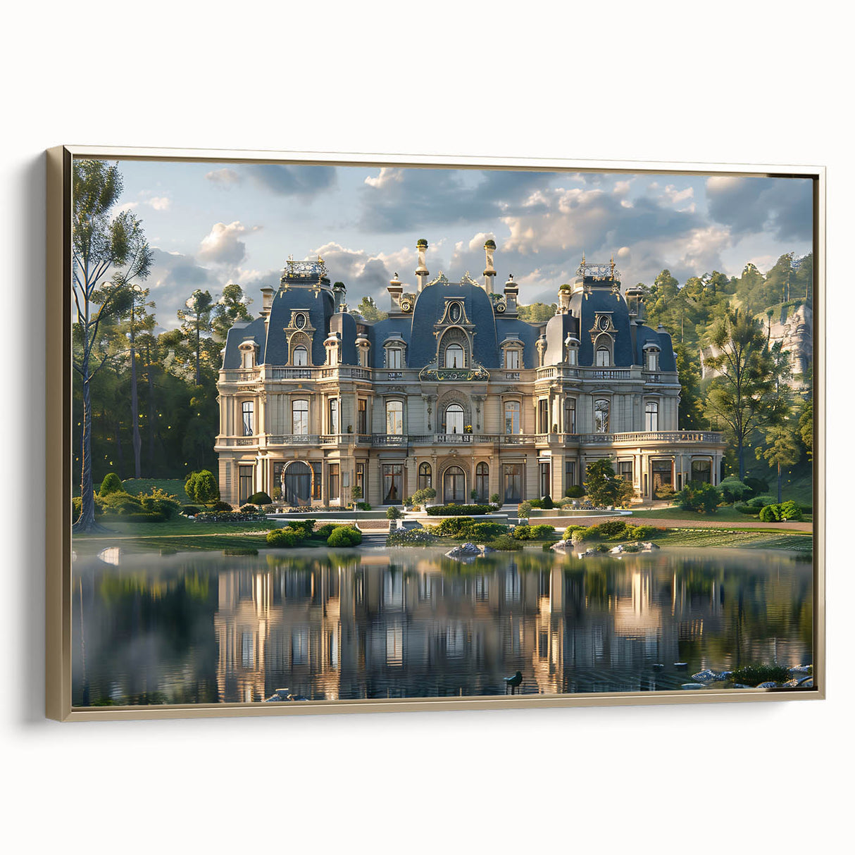 Framed canvas featuring a vintage palace design in black with colorful accents.