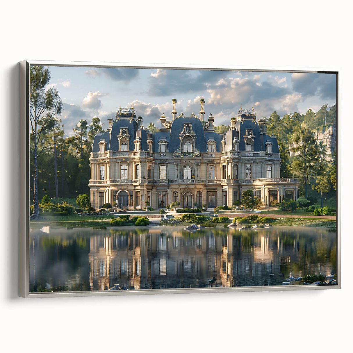 Vintage poster art of a palace in muted black and silver tones on a framed canvas, suitable for a large living room wall.