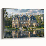 Vintage poster art of a palace in muted black and silver tones on a framed canvas, suitable for a large living room wall.