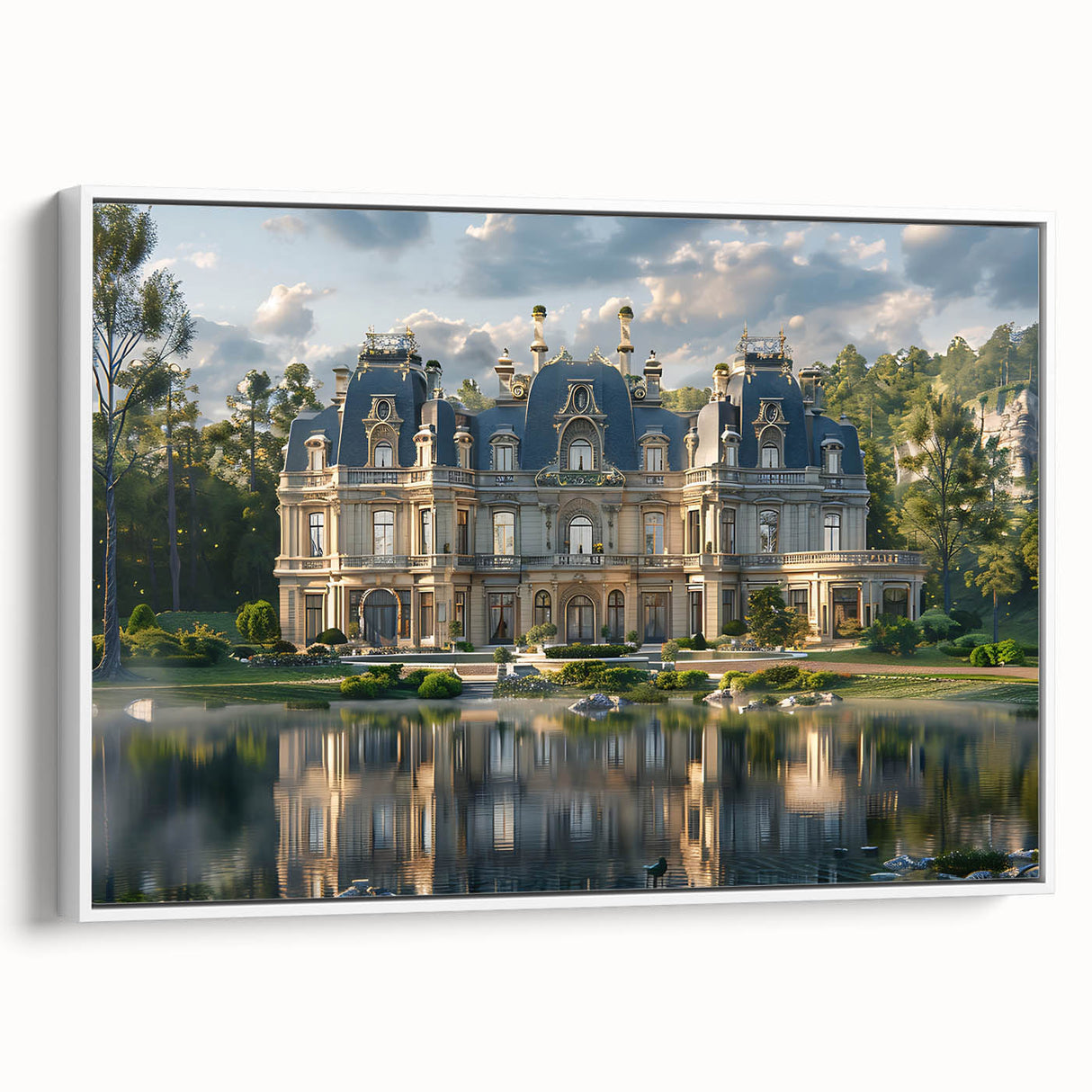 Framed canvas featuring a vintage poster of a monochrome palace landscape, ideal for bedroom wall art.