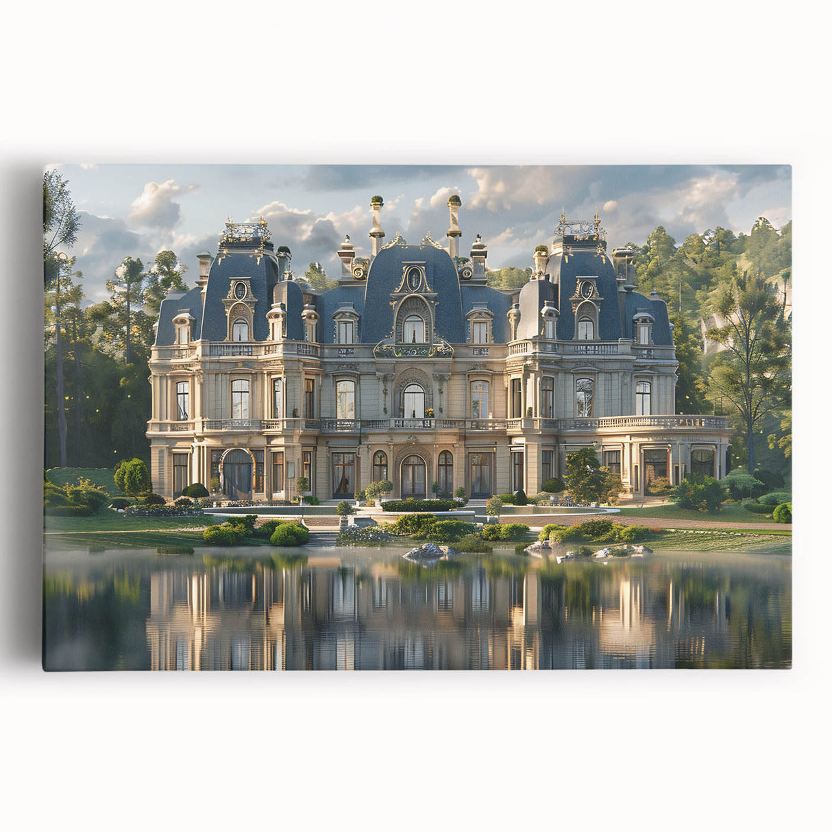 Large black and white print of a palace architecture on stretched canvas, suitable for kitchen wall art.