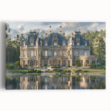 Large black and white print of a palace architecture on stretched canvas, suitable for kitchen wall art.