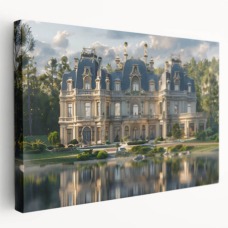 Side view of a large stretched canvas featuring a detailed architectural palace design in muted earth tones.
