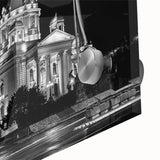 Mid-century modernist acrylic glass art of an abstract palace, in muted earth tones, ideal for dining room art.