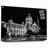 Acrylic glass print of a large abstract palace design in muted earth tones, ideal for dining room decor.