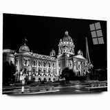 Large abstract wall art on acrylic glass depicting a modern palace design in muted gray tones.