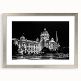 Abstract art print of a palace design in muted gray and silver tones on a framed poster, ideal for dining room decor.