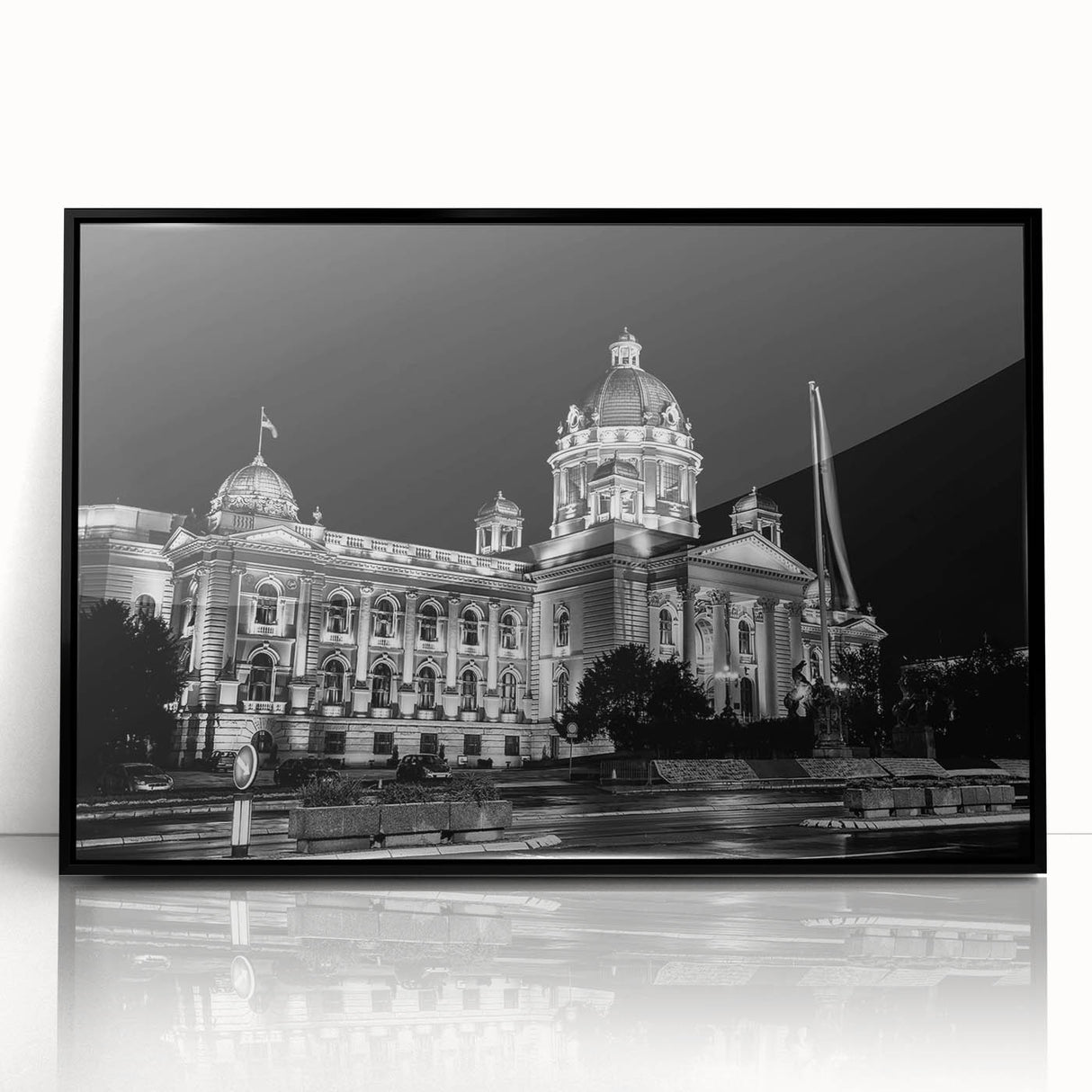 Large abstract wall art featuring mid-century modernist palace design in black and white acrylic.