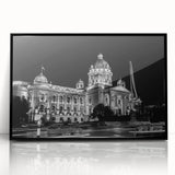 Large abstract wall art featuring mid-century modernist palace design in black and white acrylic.