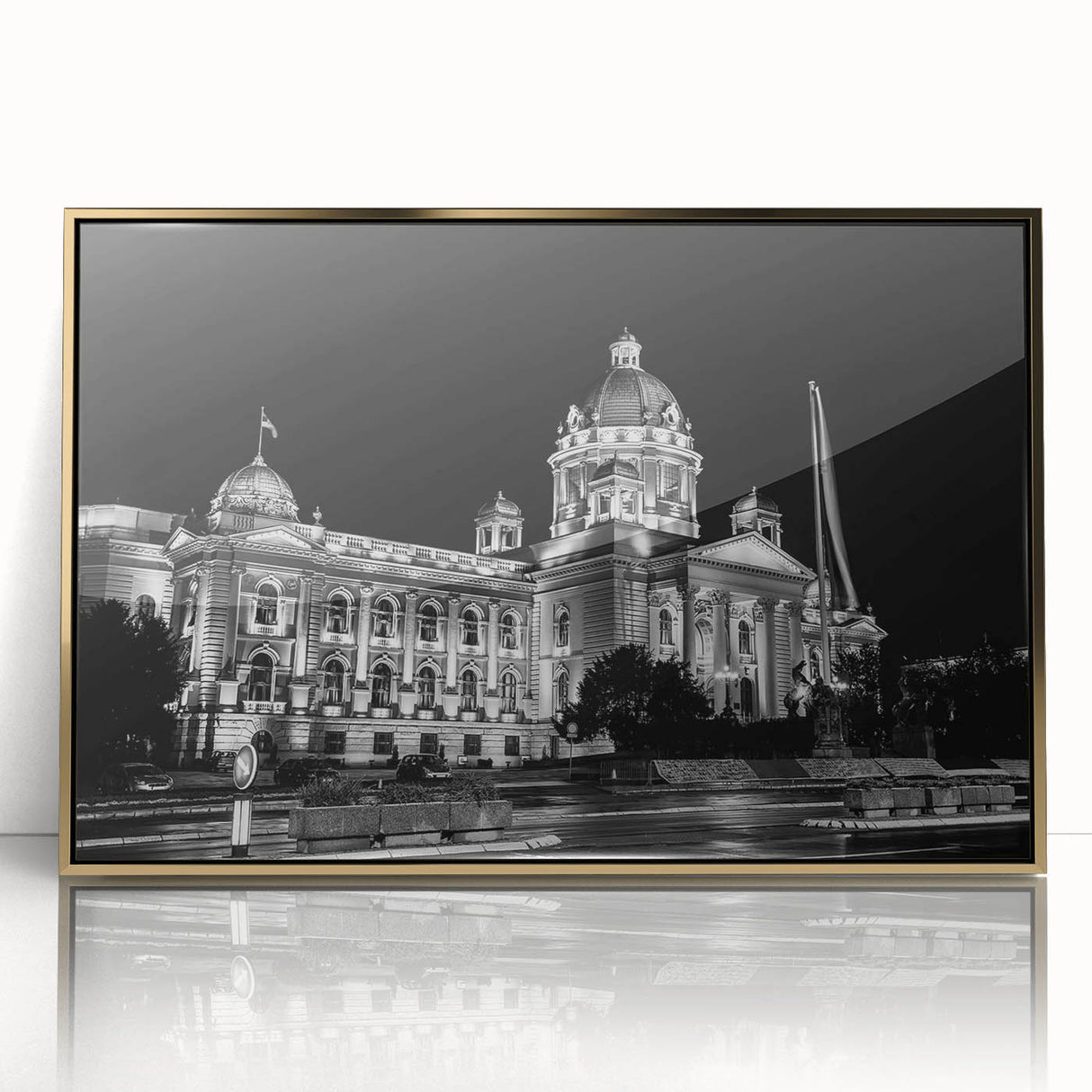 Mid-century modernist acrylic print of a palace design in gold tones, ideal for nursery wall art.