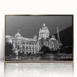 Mid-century modernist acrylic print of a palace design in gold tones, ideal for nursery wall art.