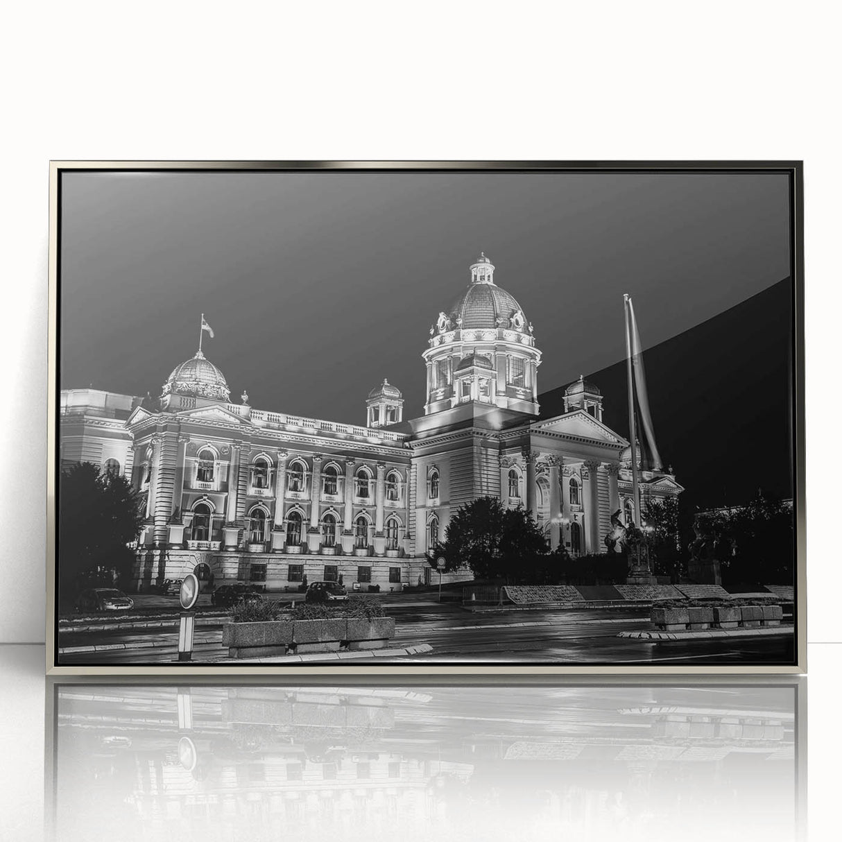 Art deco poster of a palace architecture in silver frame, acrylic print, ideal for modern art wall decor.