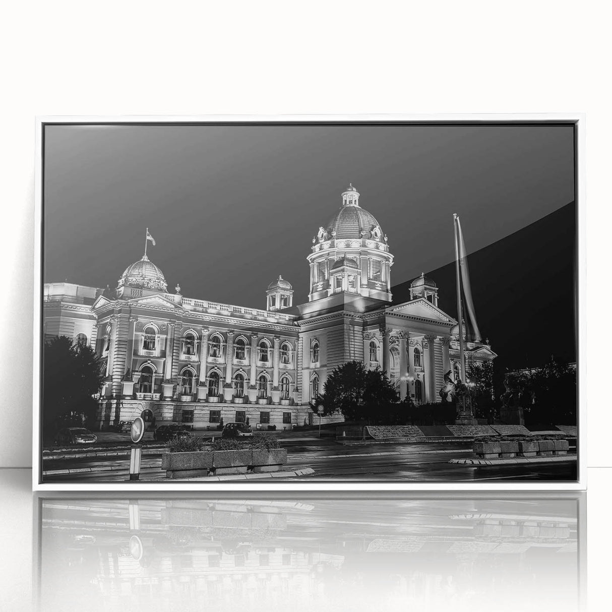 Large acrylic print of a mid-century modernist palace design in neutral tones, ideal for modern art wall decor.