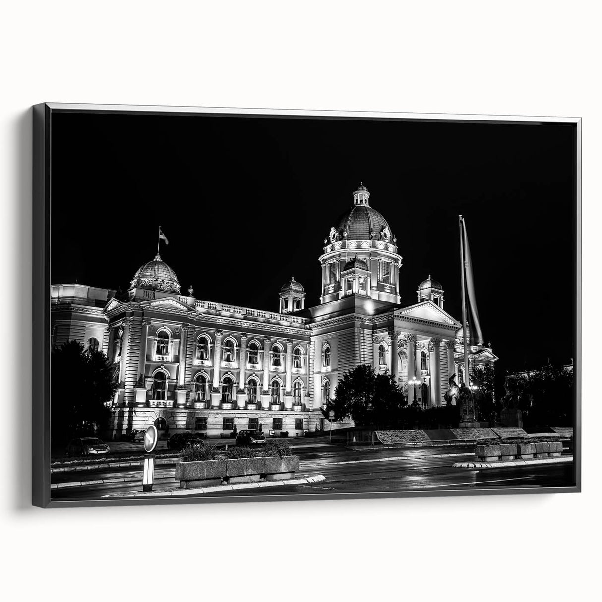 Black and white vintage poster art of a palace, printed on framed canvas, suitable for bedroom wall decor.
