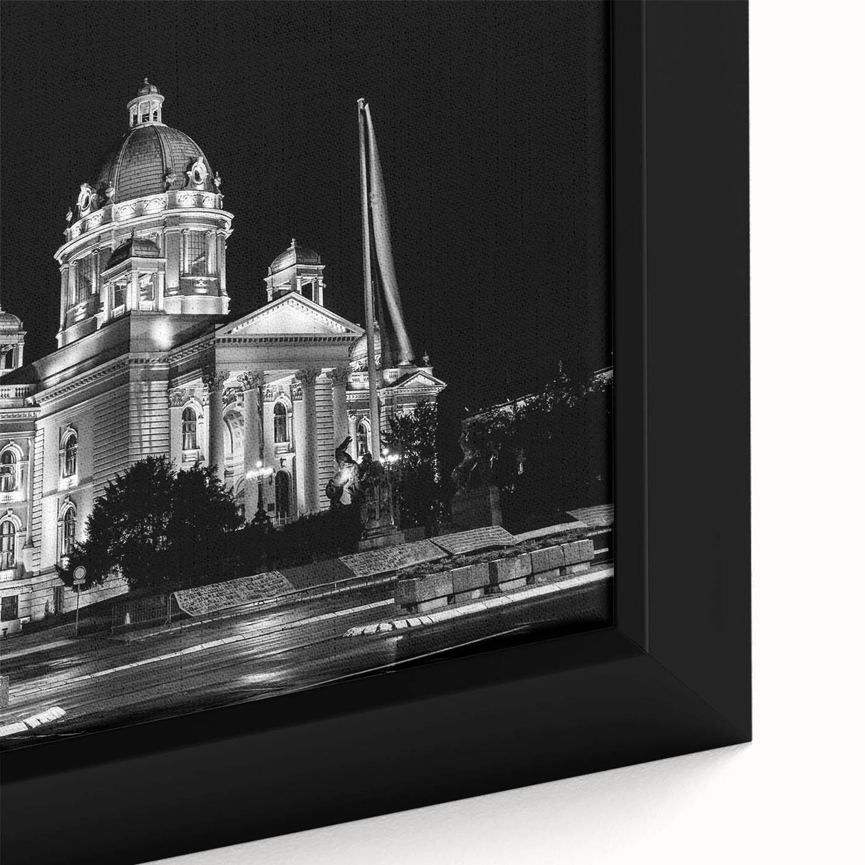 Extra large framed canvas featuring a textured, colorful abstract of a palace design in black, ideal for living room decor.