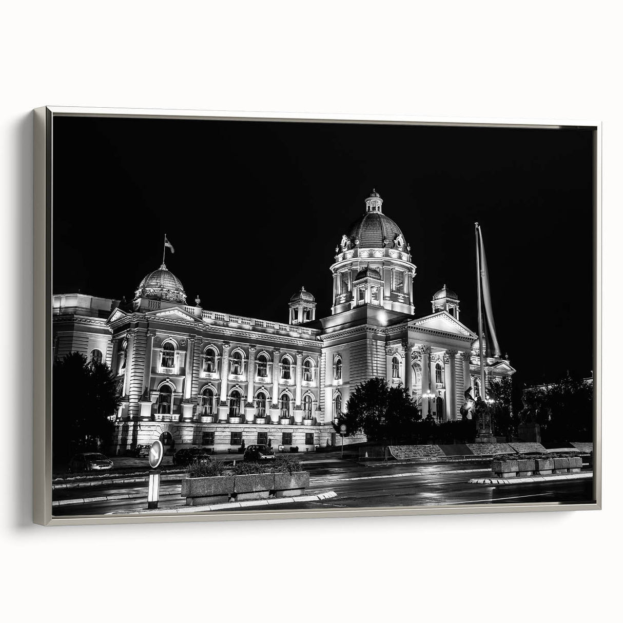 Framed canvas of vintage poster art featuring a palace design in colorful art on black background.