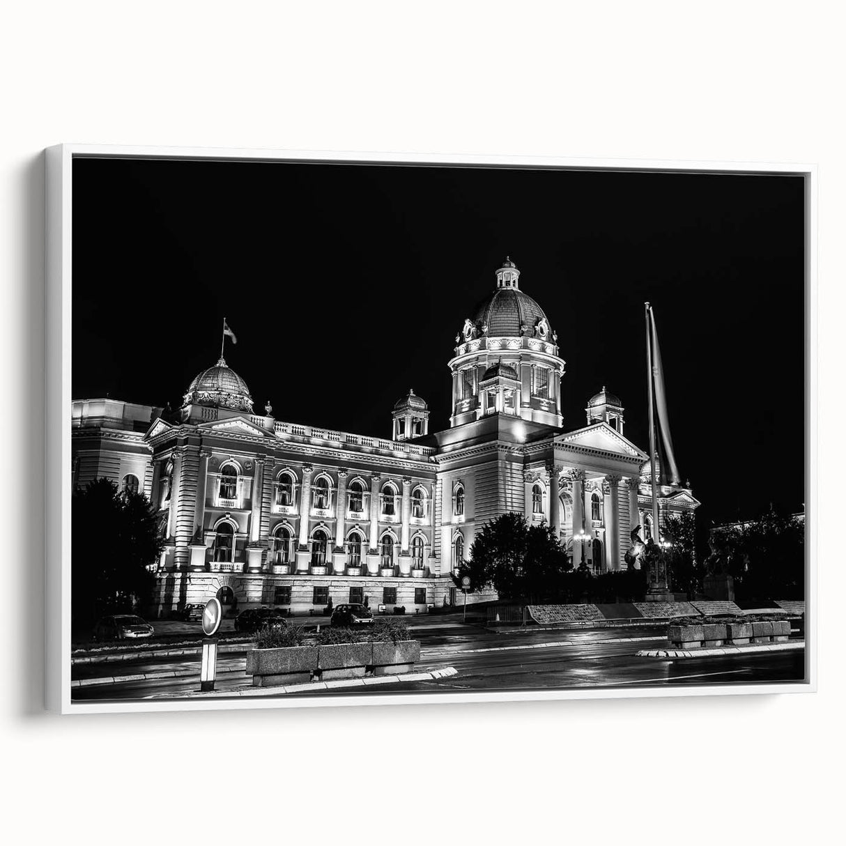 Framed canvas of a vintage palace design in black and white, ideal for bedroom wall art.