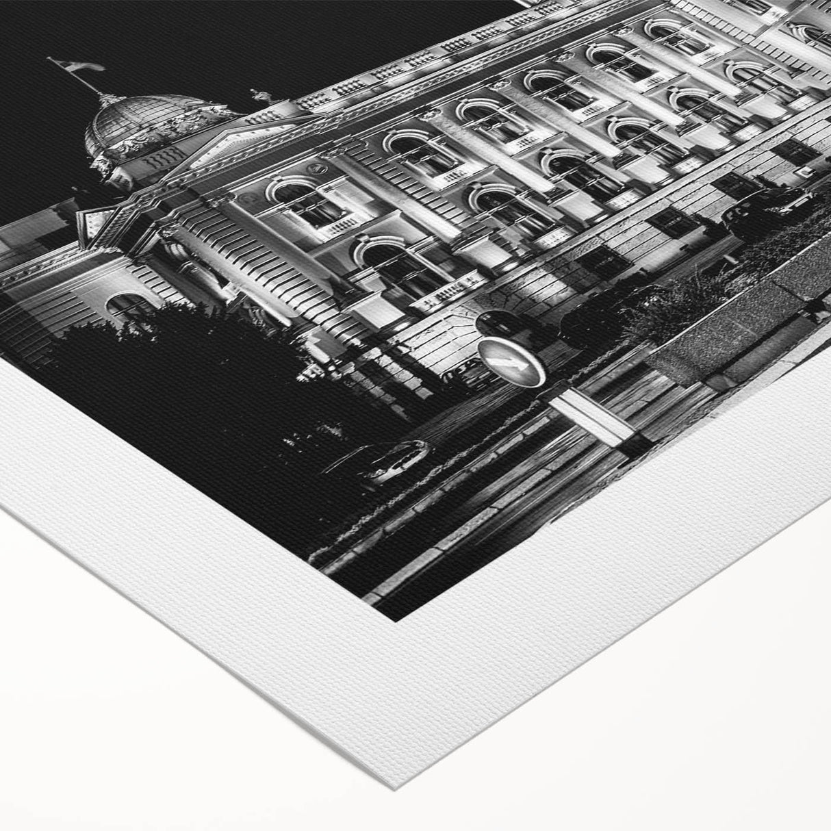 Art deco poster featuring a geometric palace design in muted gold and black on rolled canvas, suitable for dining room decor.