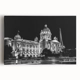 Large black and white photo of a palace, printed on stretched canvas, suited for kitchen wall art.