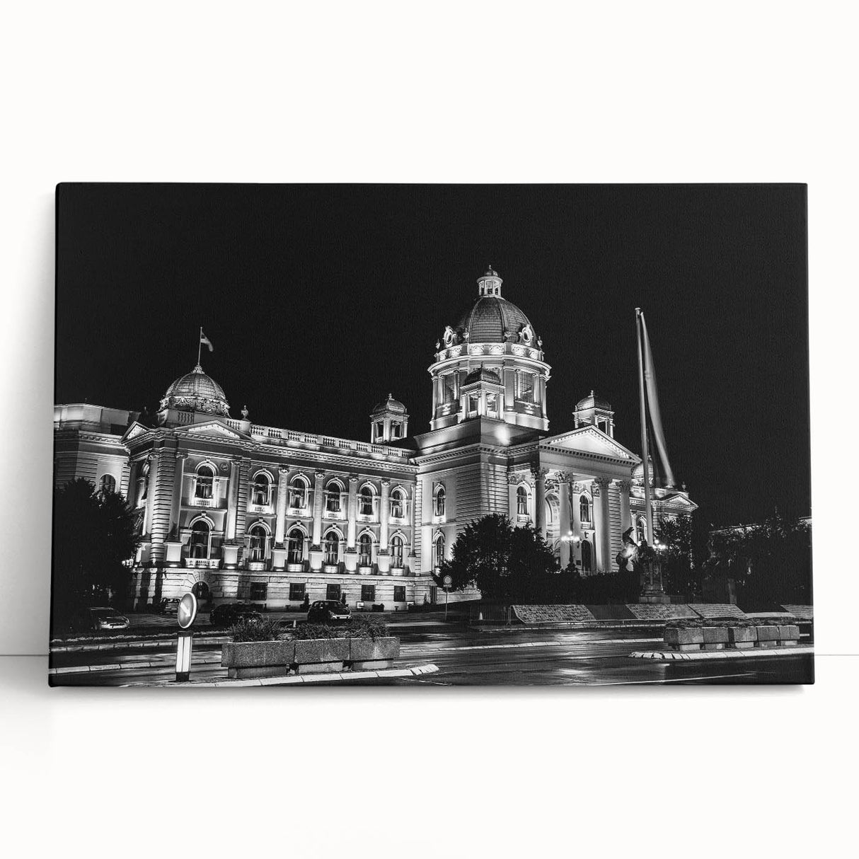 Black and white photograph of a palace on stretched canvas, suitable as large kitchen wall art or for bedroom ambiance.