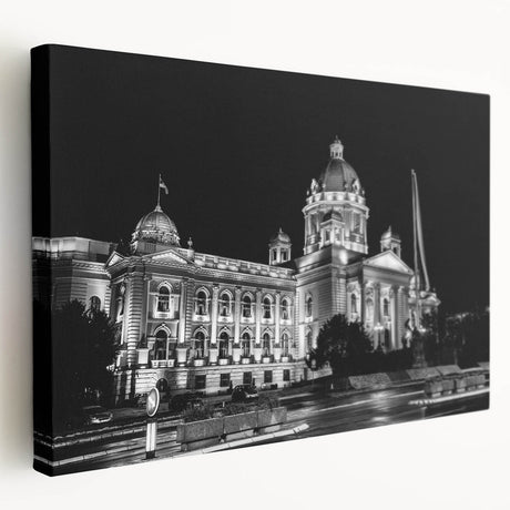 Side view of a large stretched canvas featuring a detailed palace architecture design in muted earth tones.