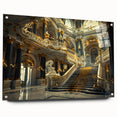 Large abstract wall art on acrylic glass featuring a modern palace design in muted gray and blue.