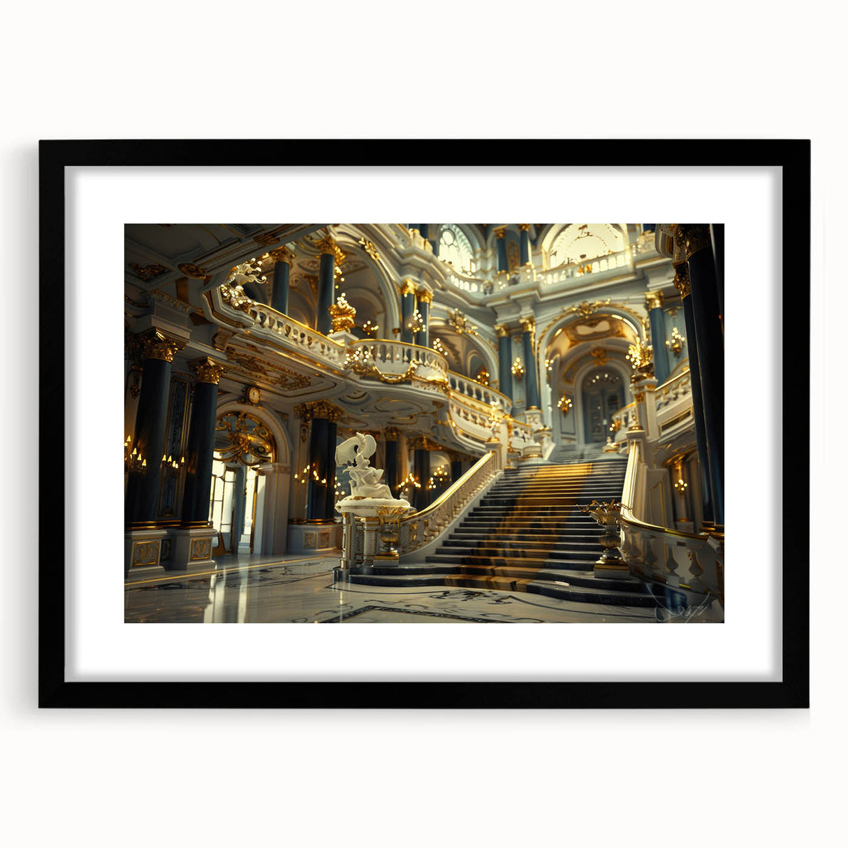 Extra large abstract art print featuring a colorful, textured depiction of an architectural palace, framed in black.