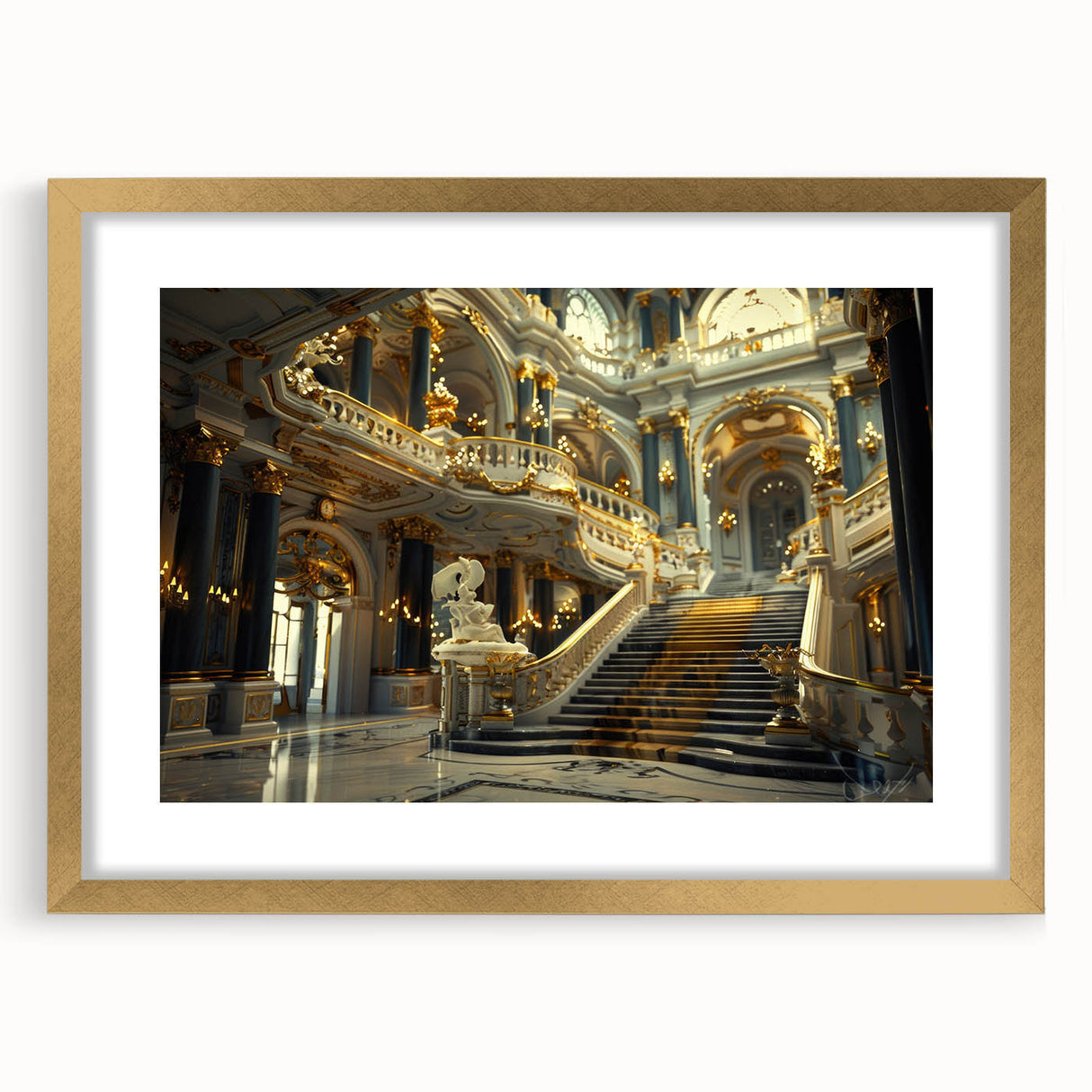 Textured abstract art print of a palace, in muted gold and beige tones on a framed canvas, suited for bedroom decor.