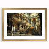 Textured abstract art print of a palace, in muted gold and beige tones on a framed canvas, suited for bedroom decor.