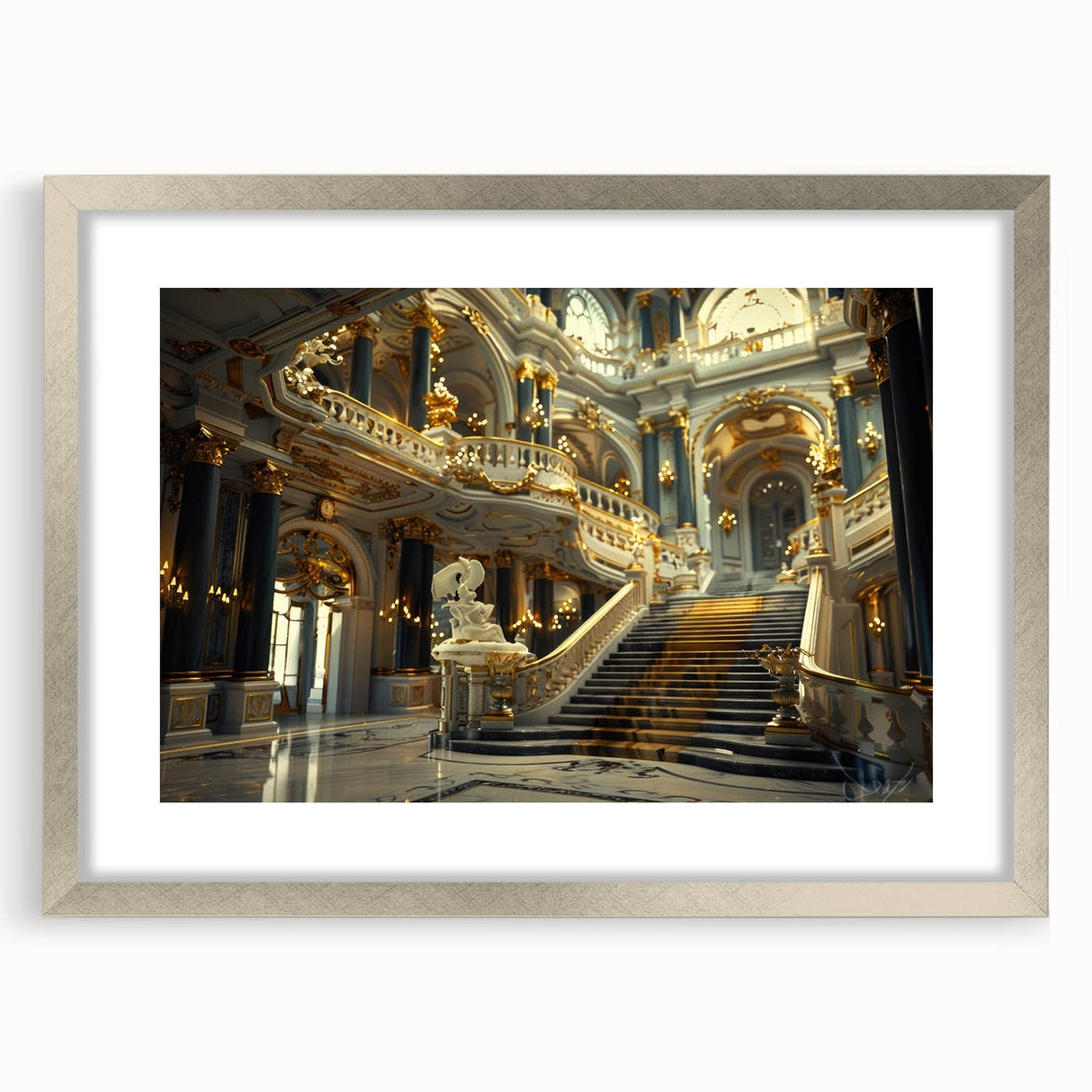 Abstract art print of a palace in muted silver and gray tones, framed with a silver mat.