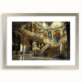 Abstract art print of a palace in muted silver and gray tones, framed with a silver mat.