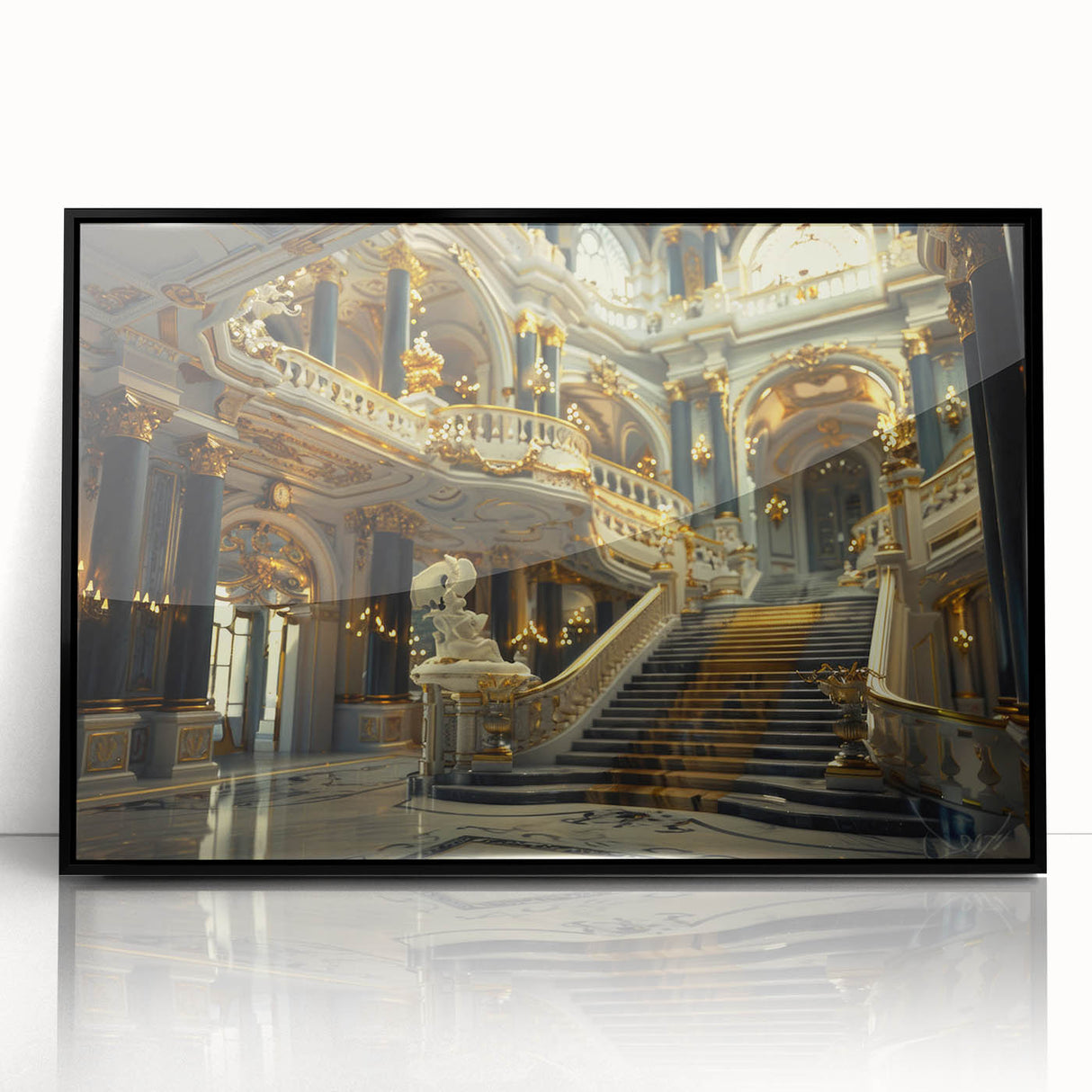 Large abstract wall art featuring geometric shapes in black and white, framed in acrylic.