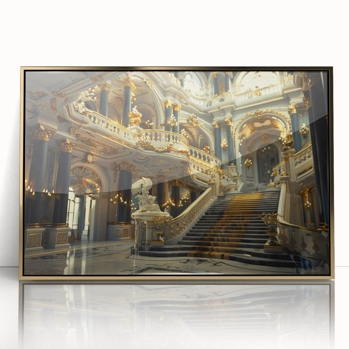 Mid-century modernist art deco palace design in gold and white tones on a framed acrylic, suitable for modern art wall decor.