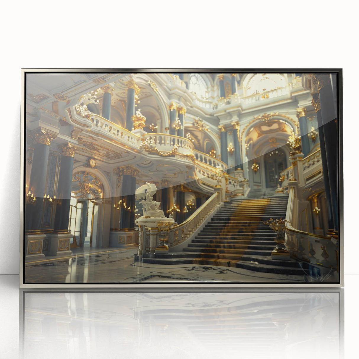Art deco poster of a palace architecture in silver acrylic frame, using cool gray hues.