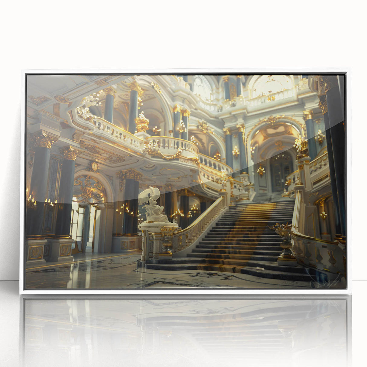 Mid-century modernist palace architecture in muted gray tones, acrylic print framed in white.