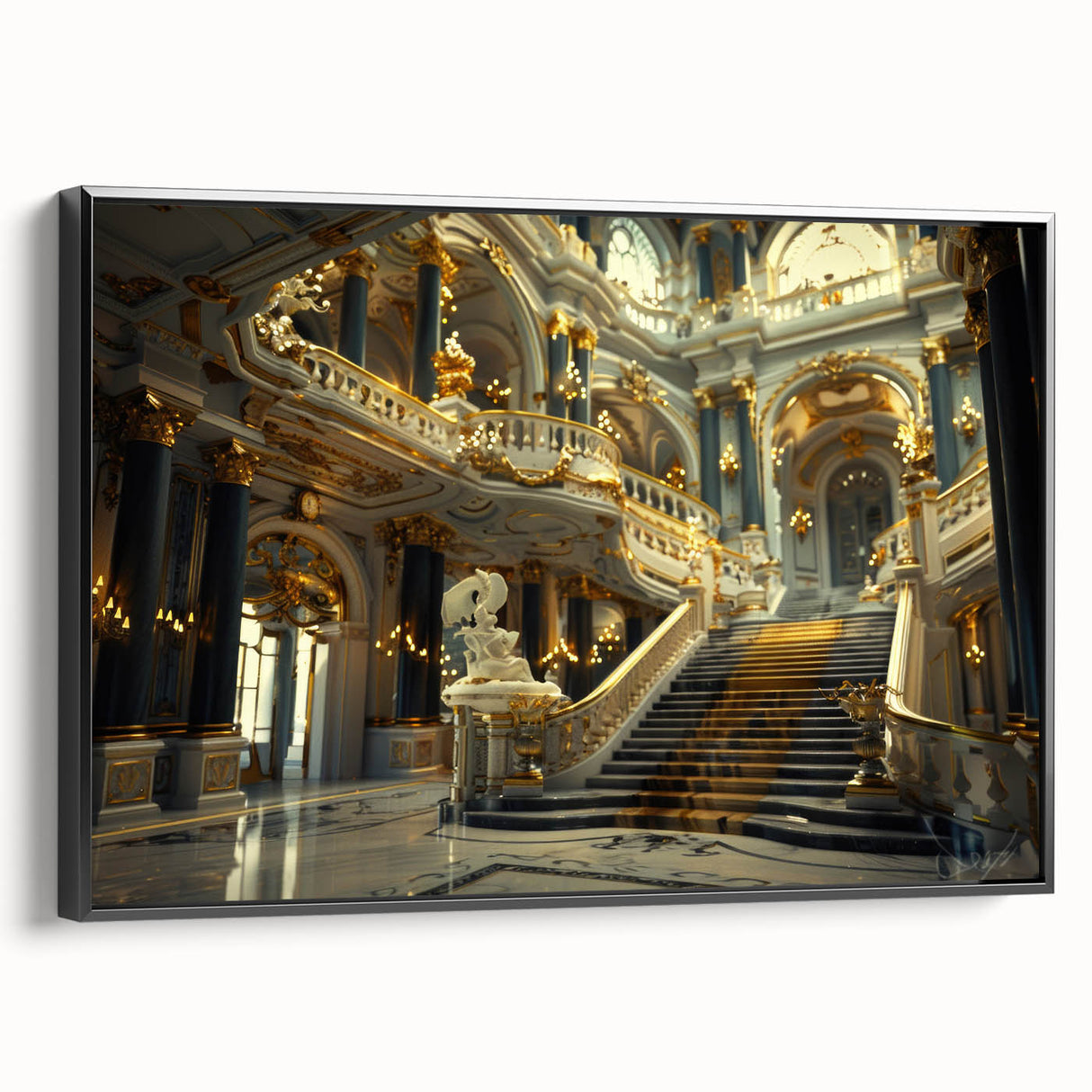 Black and white vintage poster art of a palace design on framed canvas, suitable for bedroom wall decor.