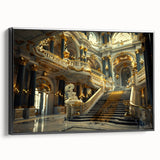 Black and white vintage poster art of a palace design on framed canvas, suitable for bedroom wall decor.