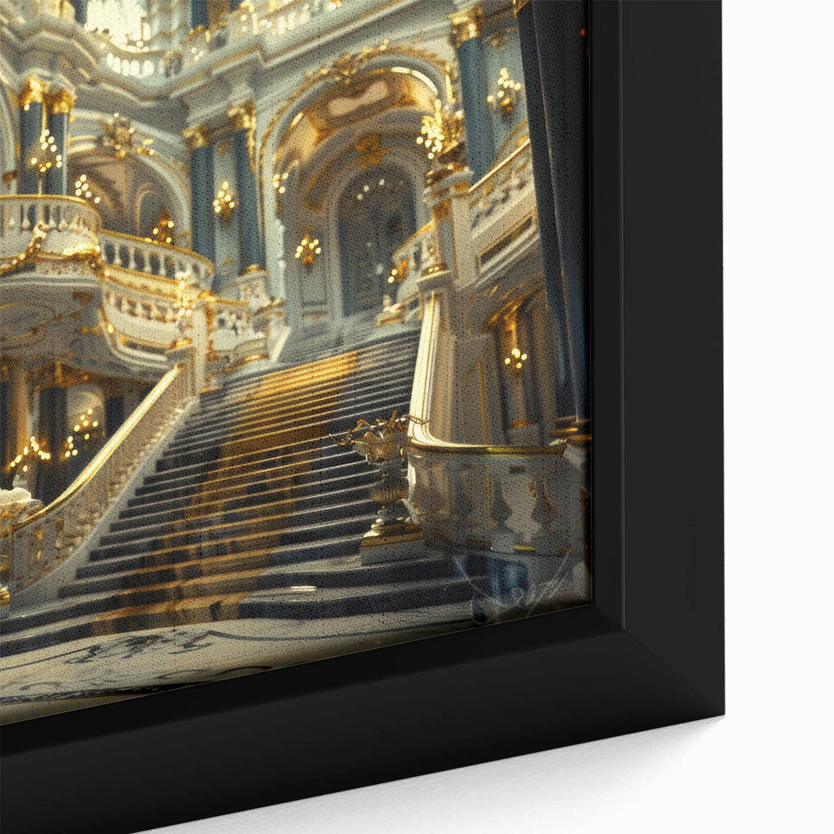 Close-up of a black wall art featuring a textured, colorful palace design on a framed canvas, ideal for living room decor.