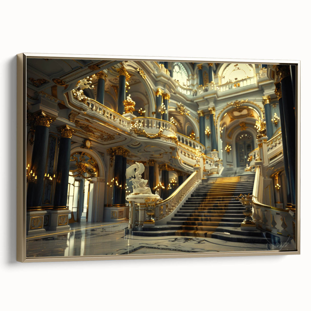 Framed canvas featuring a vintage palace design in muted gold and black tones.