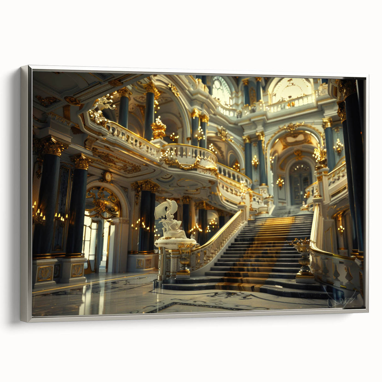Vintage poster art of a palace design in colorful hues on a large framed canvas, suited for living room decor.