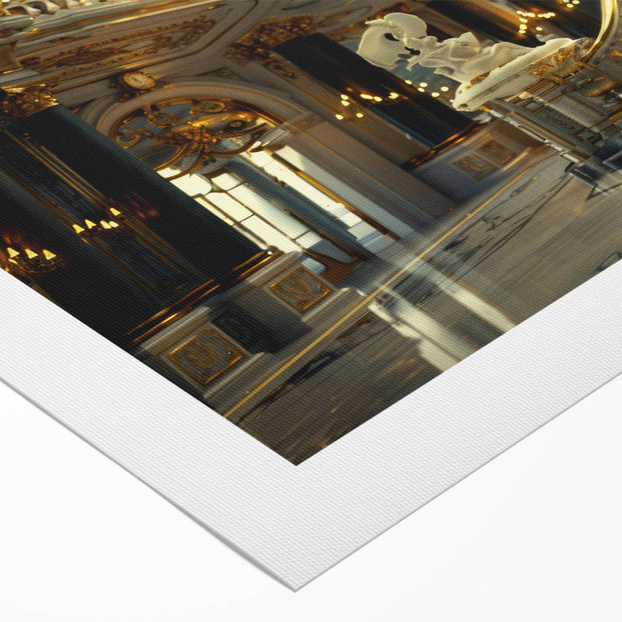 Art deco poster of a palace architecture in muted gold and white on rolled canvas, suitable for dining room decor.