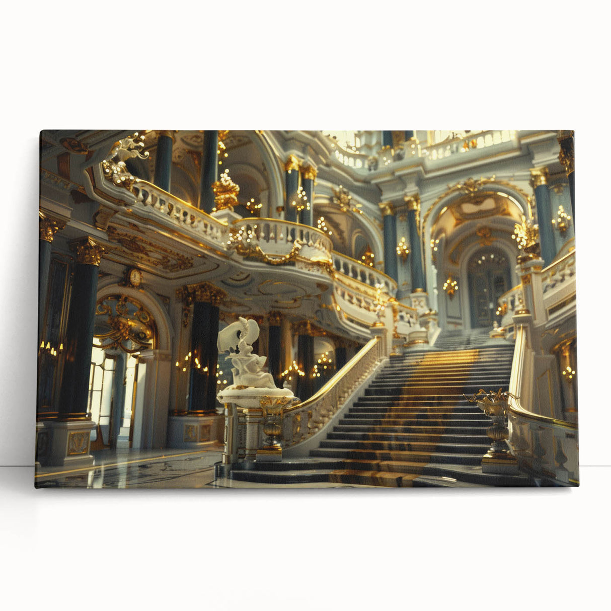 Black and white photograph of a leaning palace architecture on stretched canvas.