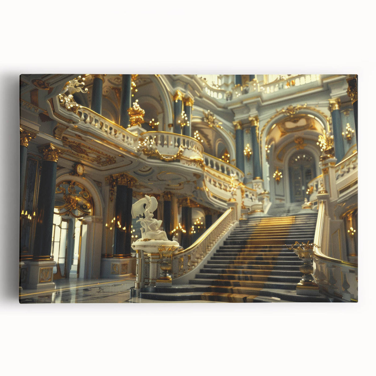 Large black and white photograph of a palace on stretched canvas, ideal for kitchen wall art.