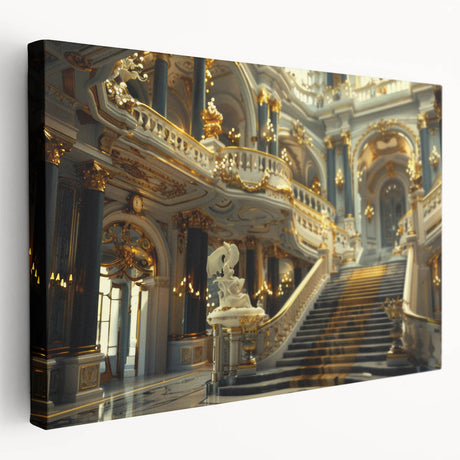 Large stretched canvas featuring a detailed architectural palace design in muted earth tones, ideal for kitchen wall art.