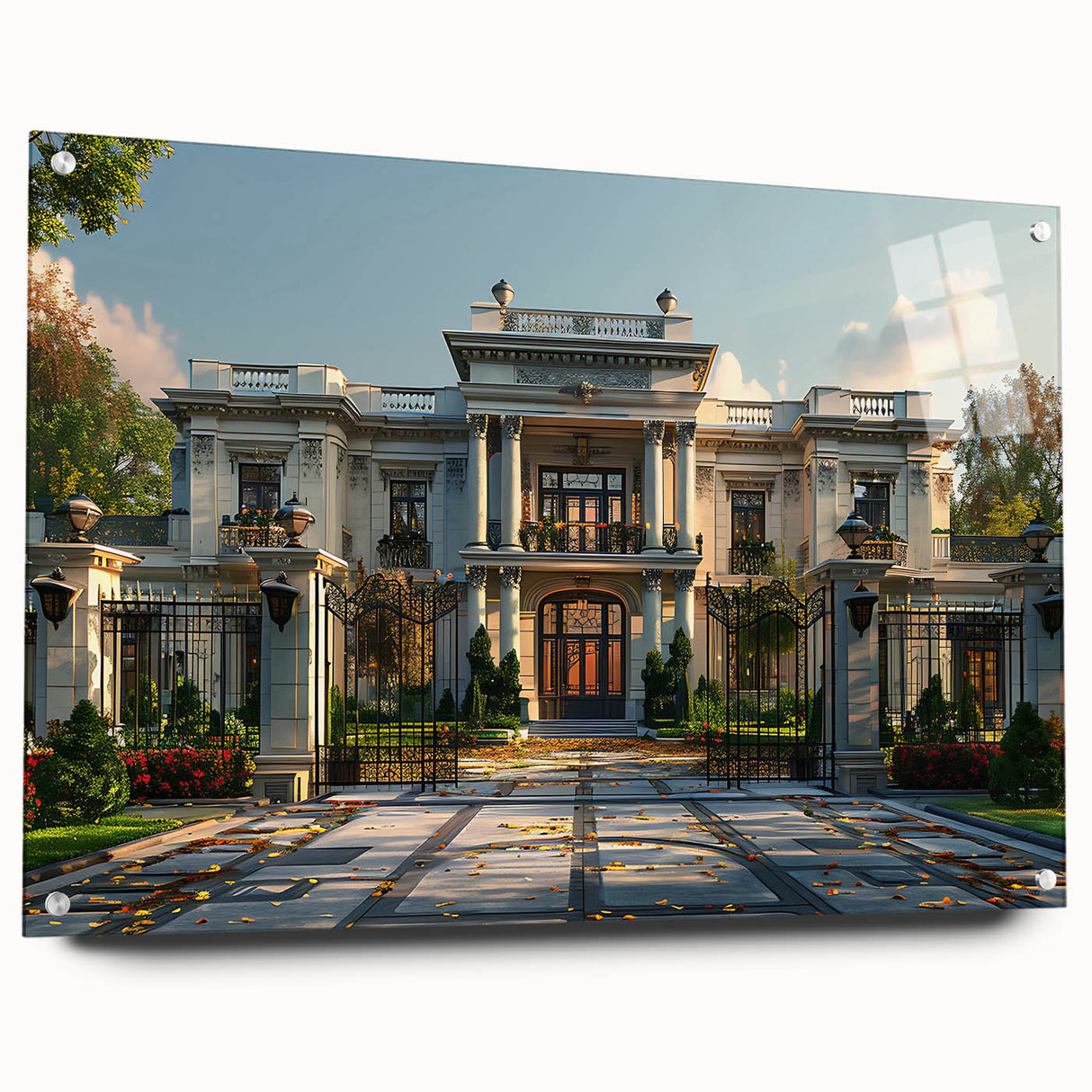 Large abstract wall art on acrylic glass depicting a detailed palace design in neutral tones.