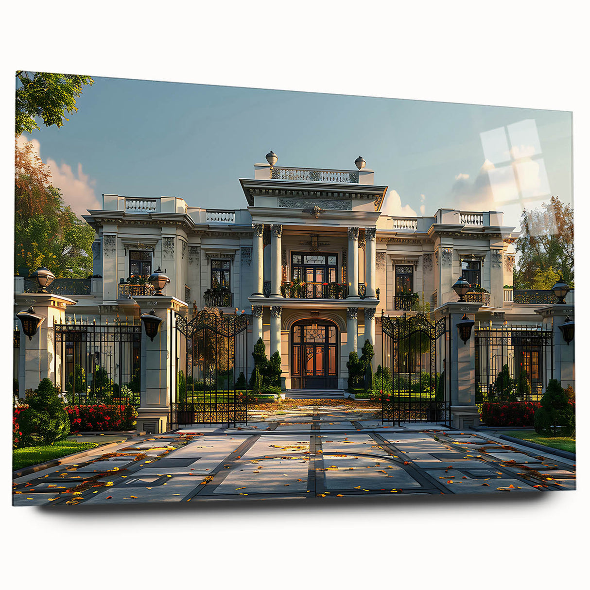 Large abstract wall art on acrylic glass depicting a modern palace architecture in monochrome tones.