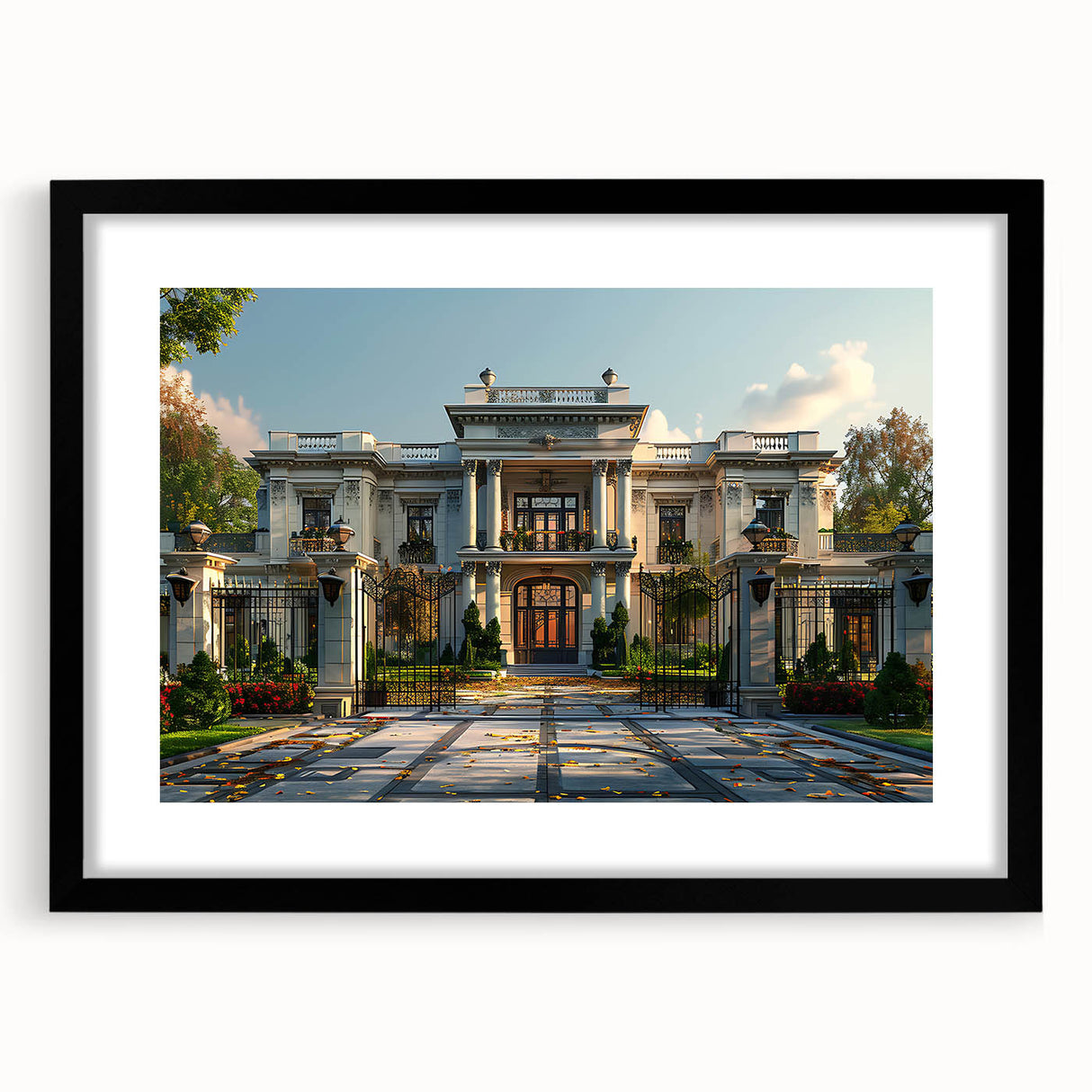 Extra large abstract art print featuring a colorful, textured depiction of a palace, framed in black.