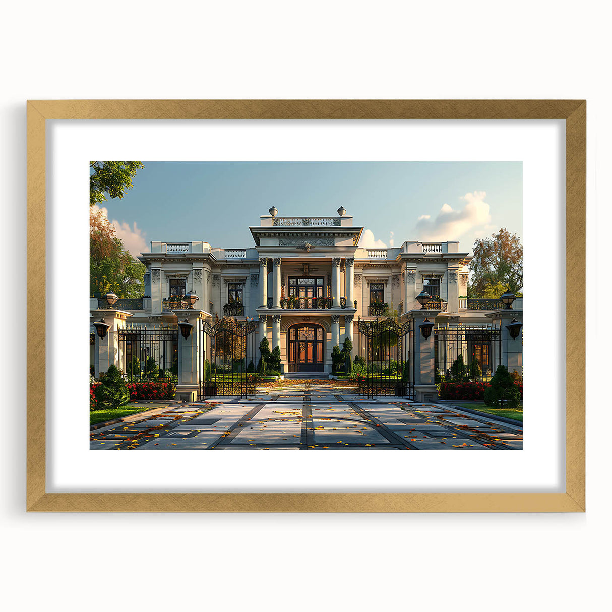 Textured abstract art print of a palace design in gold tones, framed with a mat, suitable for bedroom art.