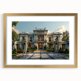 Textured abstract art print of a palace design in gold tones, framed with a mat, suitable for bedroom art.