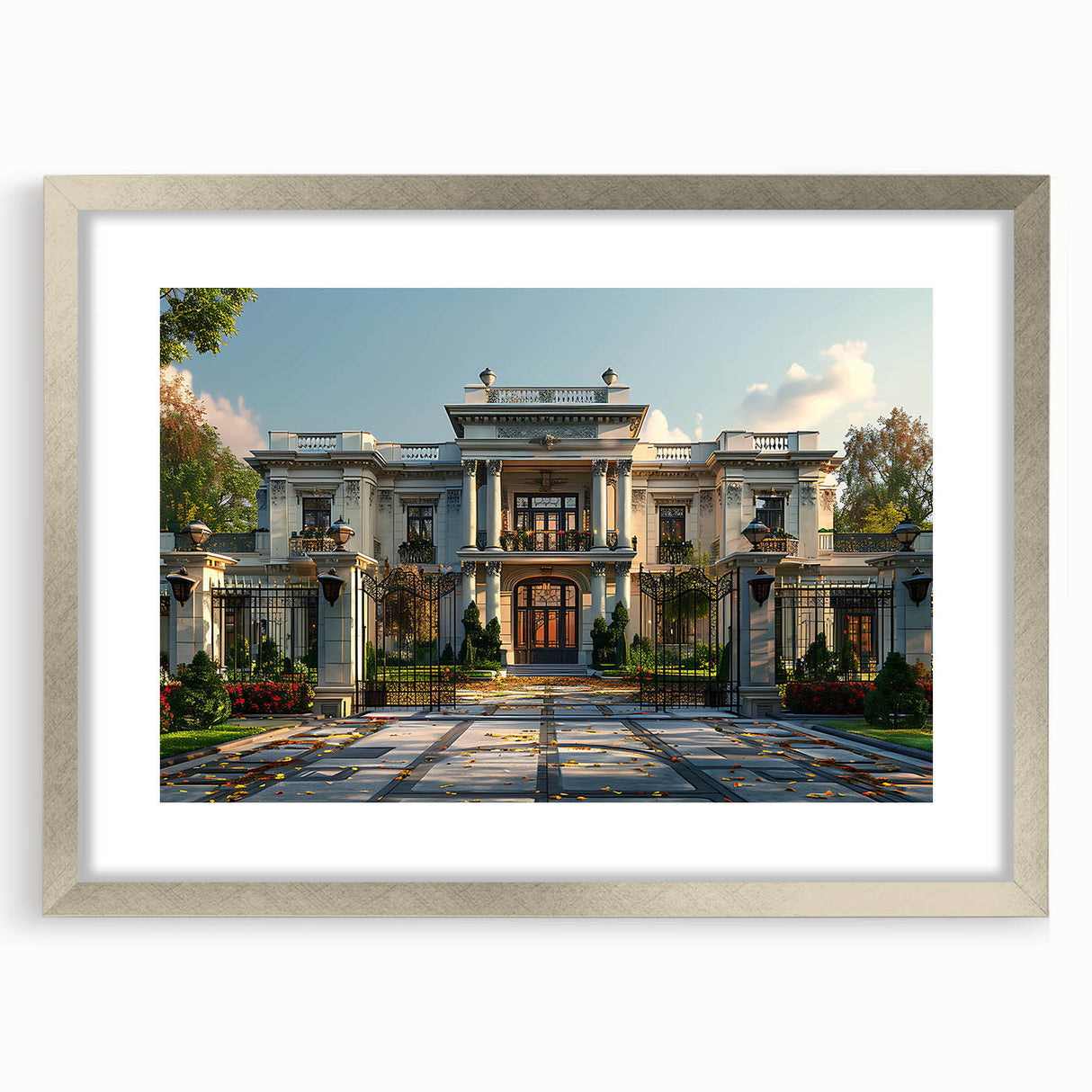 Abstract art print of a palace design in muted gray and silver tones, framed with a mat.